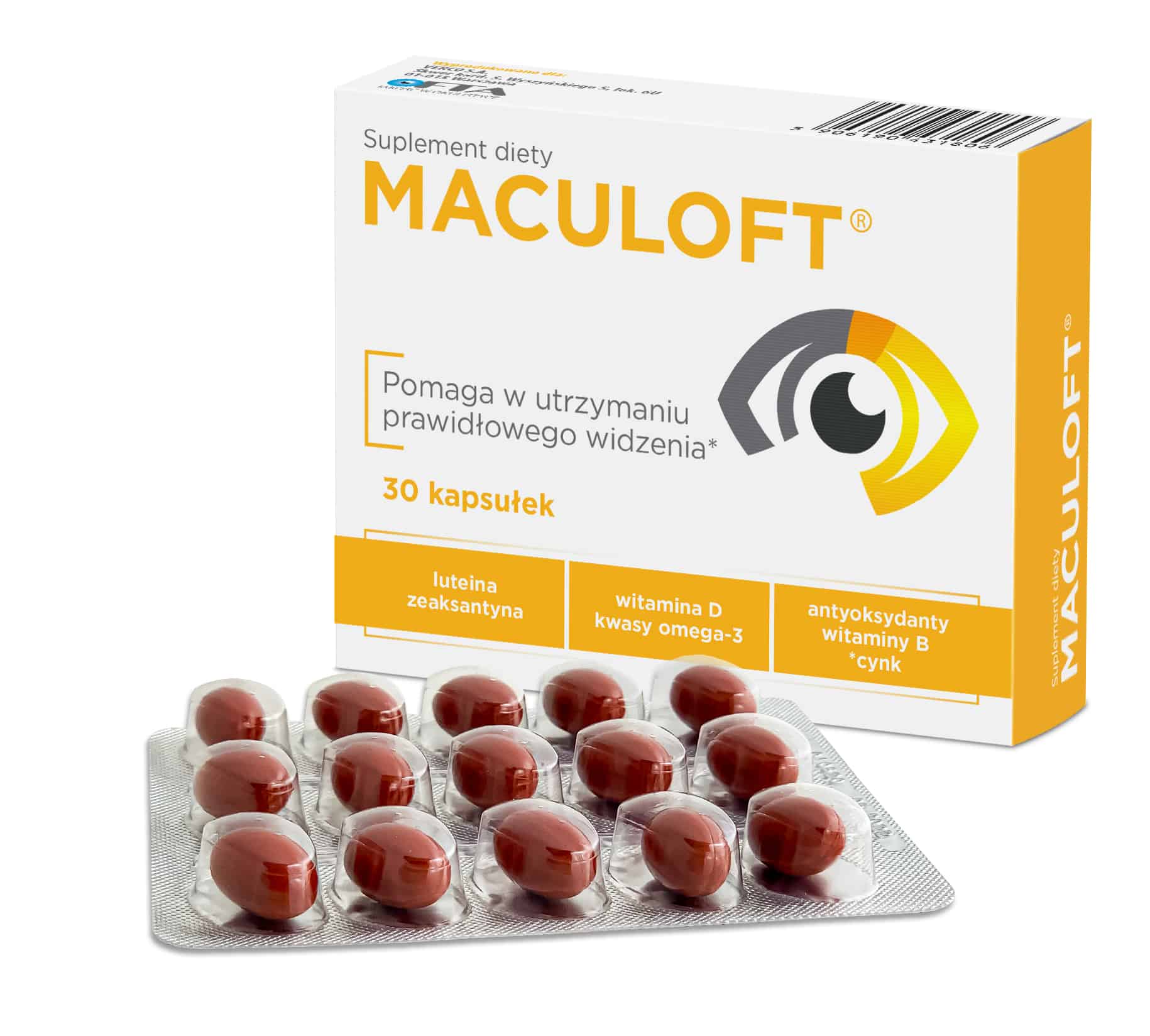 Suplement diety Maculoft na wzrok, zawierający luteinę, witaminę D, ryboflawinę (wit. B2) oraz cynk